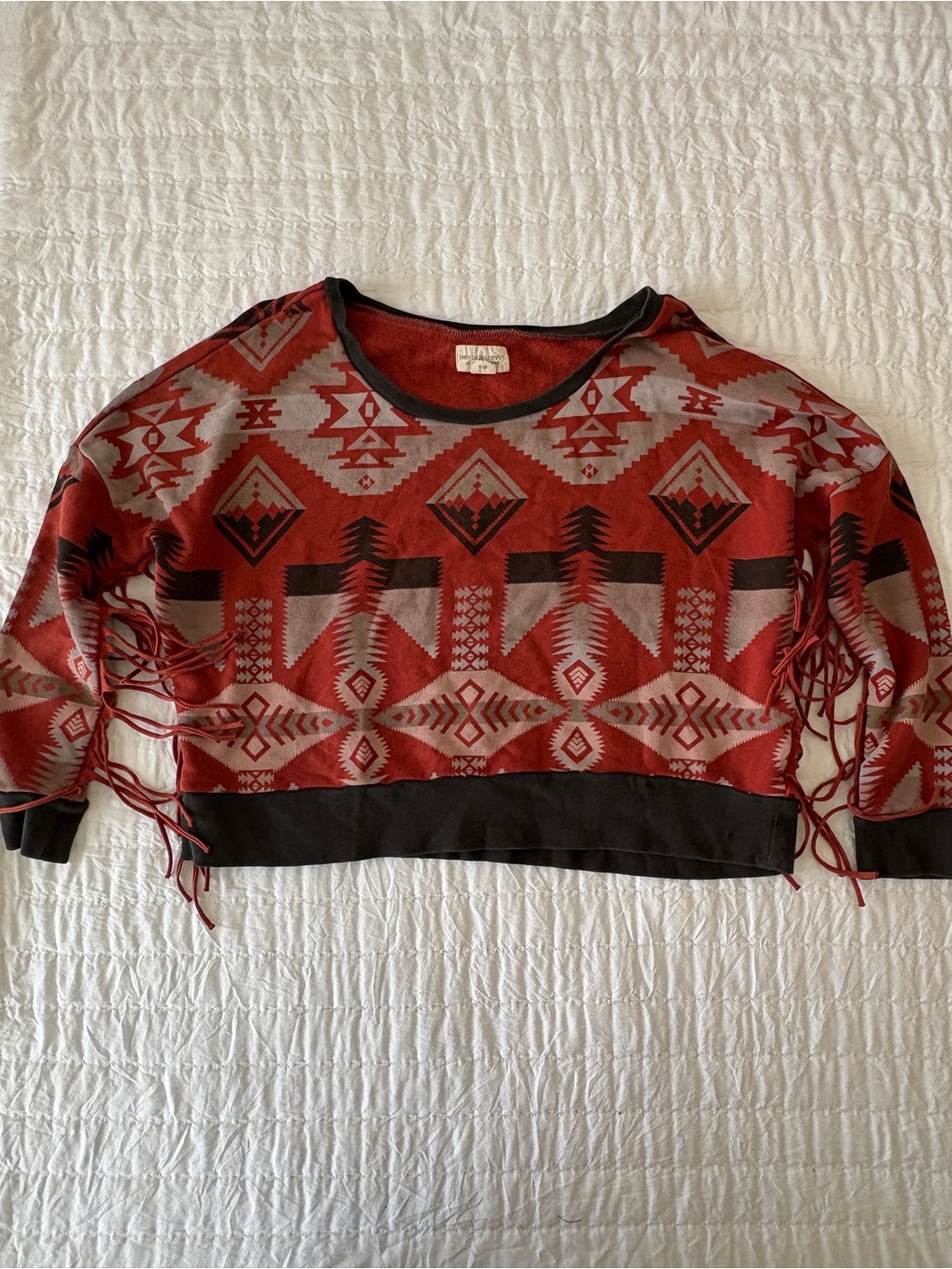 Denim & Supply Ralph Lauren Red Aztec Fringe Cropped Sweater